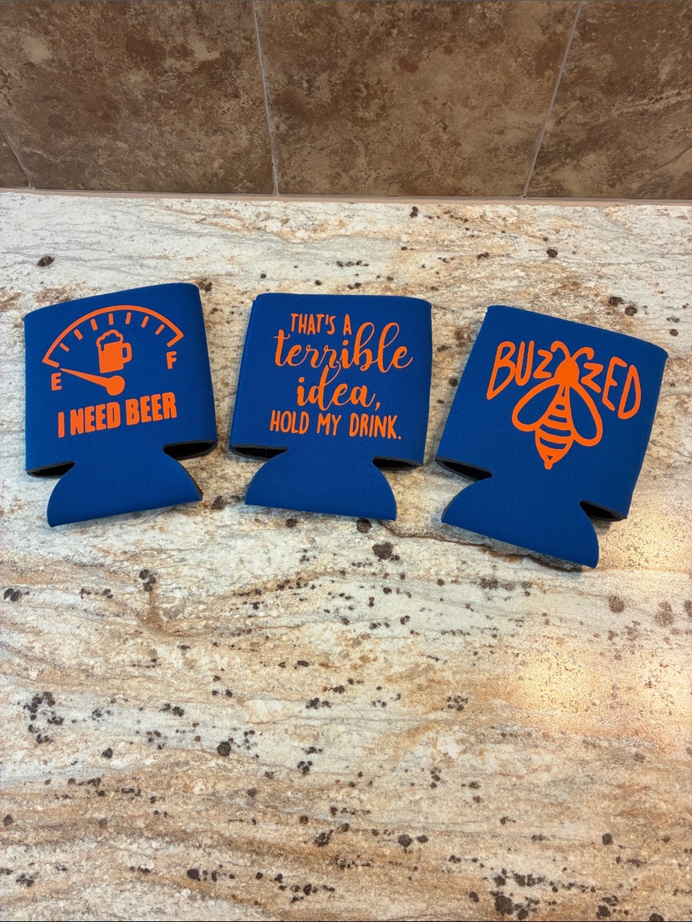 Blue Beer Koozie Can Holder with Orange Prints - Set of 3